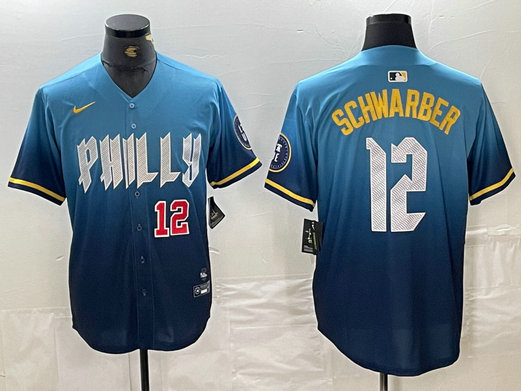 Men's Philadelphia Phillies #12 Kyle Schwarber Blue 2024 City Connect Limited Stitched Jersey 2