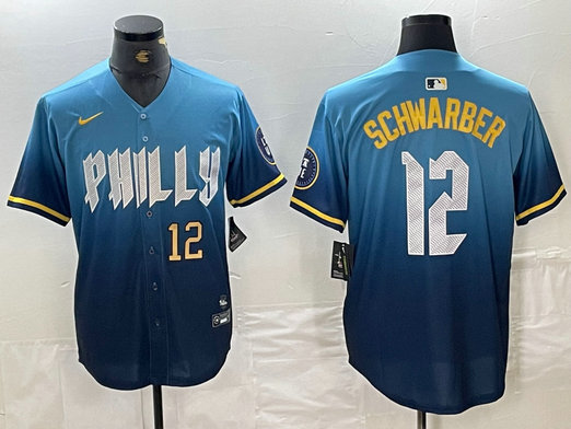 Men's Philadelphia Phillies #12 Kyle Schwarber Blue 2024 City Connect Limited Stitched Jersey 3