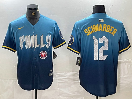 Men's Philadelphia Phillies #12 Kyle Schwarber Blue 2024 City Connect Limited Stitched Jersey 4