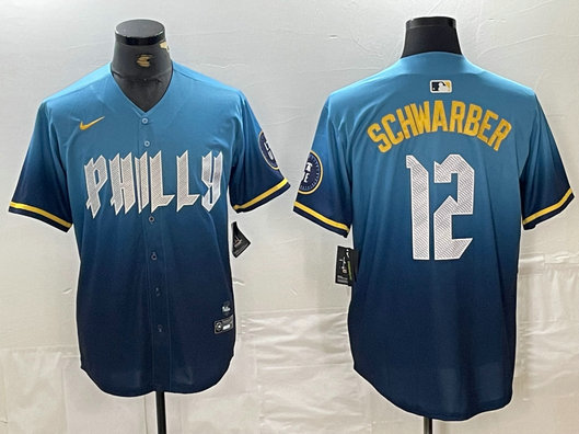 Men's Philadelphia Phillies #12 Kyle Schwarber Blue 2024 City Connect Limited Stitched Jersey 5