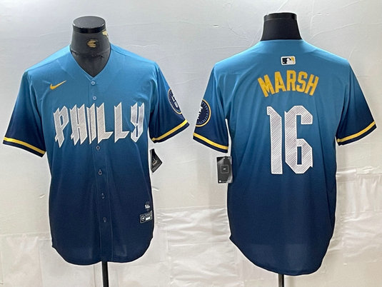 Men's Philadelphia Phillies #16 Brandon Marsh Blue 2024 City Connect Limited Stitched Jersey 2