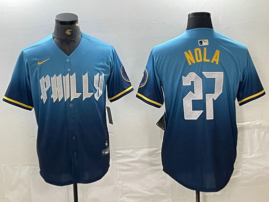 Men's Philadelphia Phillies #27 Aaron Nola Blue 2024 City Connect Limited Stitched Baseball Jersey 2