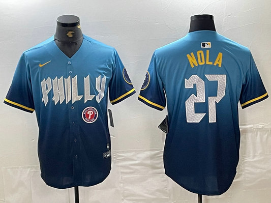 Men's Philadelphia Phillies #27 Aaron Nola Blue 2024 City Connect Limited Stitched Baseball Jersey 3