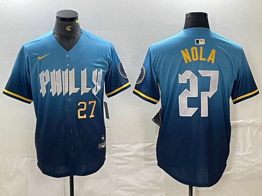 Men's Philadelphia Phillies #27 Aaron Nola Blue 2024 City Connect Limited Stitched Baseball Jersey 4
