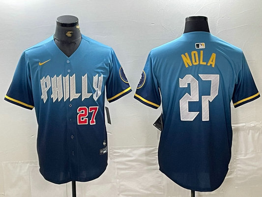 Men's Philadelphia Phillies #27 Aaron Nola Blue 2024 City Connect Limited Stitched Baseball Jersey
