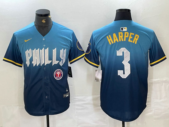 Men's Philadelphia Phillies #3 Bryce Harper Blue 2024 City Connect Limited Stitched Jersey 3