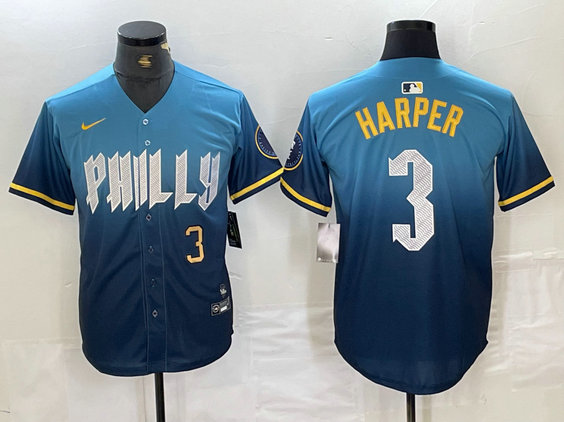 Men's Philadelphia Phillies #3 Bryce Harper Blue 2024 City Connect Limited Stitched Jersey 5