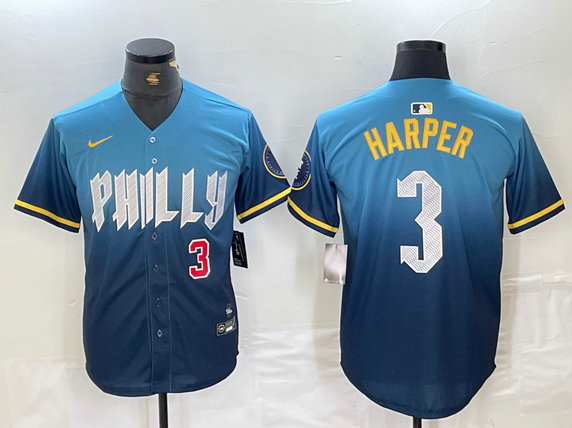 Men's Philadelphia Phillies #3 Bryce Harper Blue 2024 City Connect Limited Stitched Jersey 6