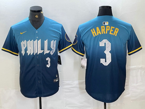 Men's Philadelphia Phillies #3 Bryce Harper Blue 2024 City Connect Limited Stitched Jersey 8