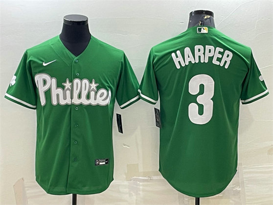 Men's Philadelphia Phillies #3 Bryce Harper Green Cool Base Stitched Baseball Jersey