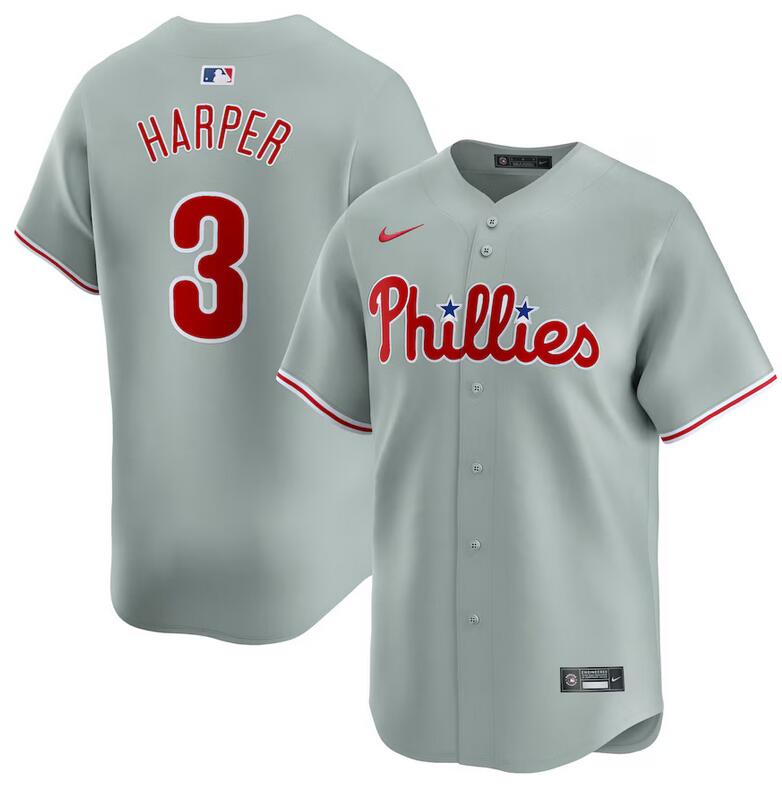 Men's Philadelphia Phillies #3 Bryce Harper Grey Away Limited Stitched Jersey
