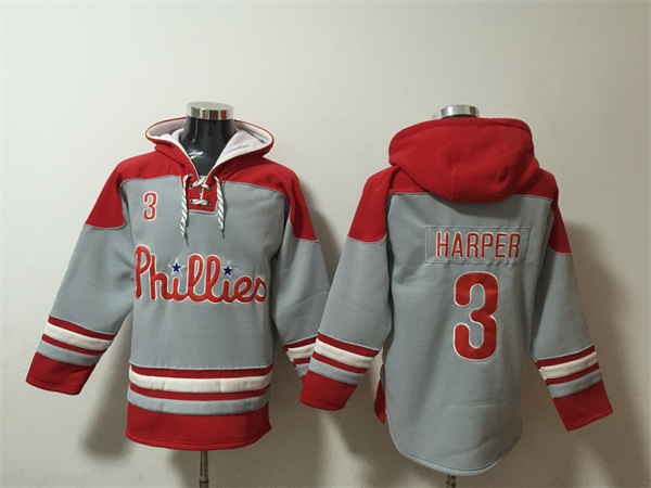 Men's Philadelphia Phillies #3 Bryce Harper Grey Red Ageless Must-Have Lace-Up Pullover Hoodie