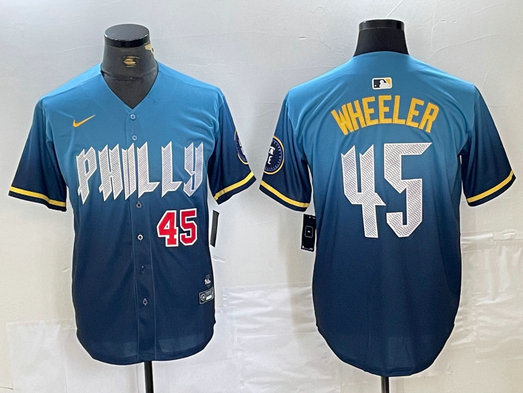 Men's Philadelphia Phillies #45 Zack Wheeler Blue 2024 City Connect Limited Stitched Baseball Jersey 1