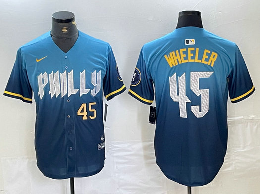 Men's Philadelphia Phillies #45 Zack Wheeler Blue 2024 City Connect Limited Stitched Baseball Jersey 2