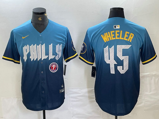Men's Philadelphia Phillies #45 Zack Wheeler Blue 2024 City Connect Limited Stitched Baseball Jersey 3
