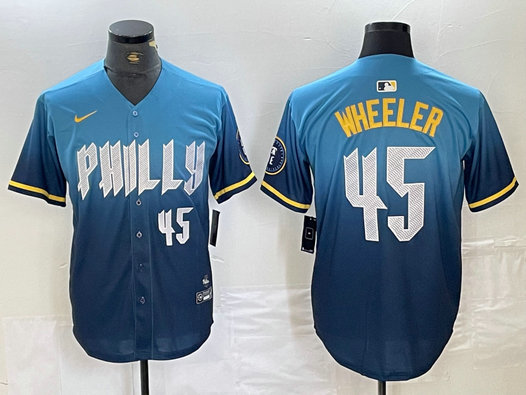 Men's Philadelphia Phillies #45 Zack Wheeler Blue 2024 City Connect Limited Stitched Baseball Jersey 4