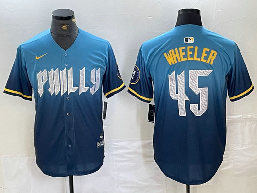Men's Philadelphia Phillies #45 Zack Wheeler Blue 2024 City Connect Limited Stitched Baseball Jersey 5