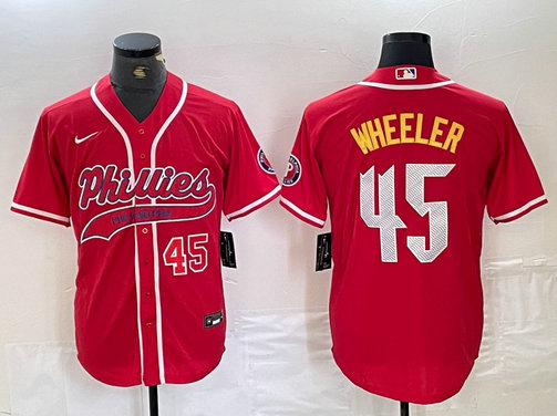 Men's Philadelphia Phillies #45 Zack Wheeler Red 2024 City Connect Limited Stitched Baseball Jersey 2