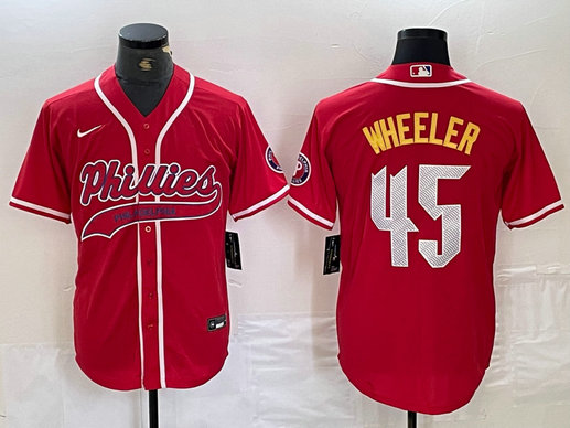 Men's Philadelphia Phillies #45 Zack Wheeler Red 2024 City Connect Limited Stitched Baseball Jersey 3