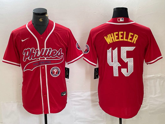 Men's Philadelphia Phillies #45 Zack Wheeler Red 2024 City Connect Limited Stitched Baseball Jersey 4