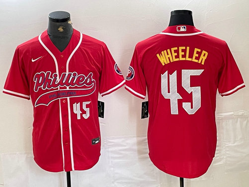 Men's Philadelphia Phillies #45 Zack Wheeler Red 2024 City Connect Limited Stitched Baseball Jersey 5