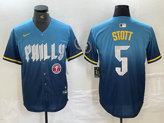 Men's Philadelphia Phillies #5 Bryson Stott Blue 2024 City Connect Limited Stitched Jersey 5