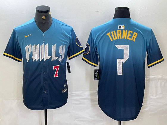 Men's Philadelphia Phillies #7 Trea Turner Blue 2024 City Connect Limited Stitched Jersey 1