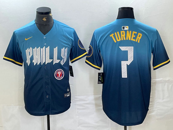 Men's Philadelphia Phillies #7 Trea Turner Blue 2024 City Connect Limited Stitched Jersey 2
