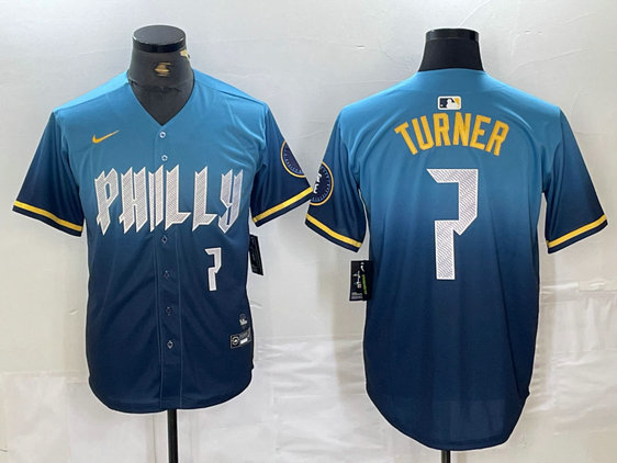 Men's Philadelphia Phillies #7 Trea Turner Blue 2024 City Connect Limited Stitched Jersey 3