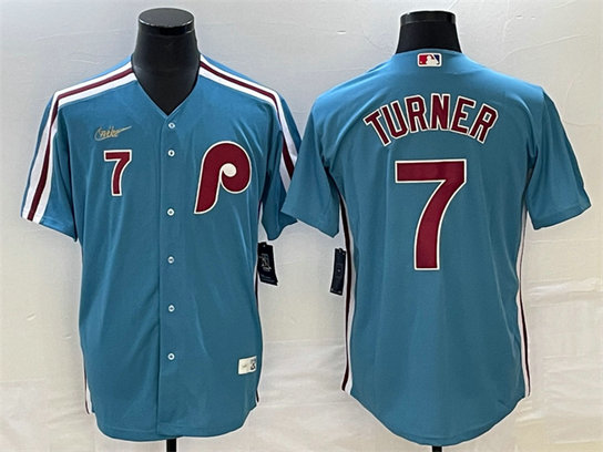 Men's Philadelphia Phillies #7 Trea Turner Blue Cool Base With Patch Stitched Jersey