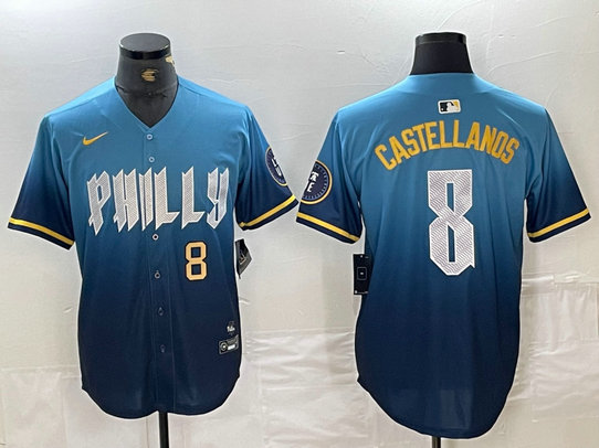 Men's Philadelphia Phillies #8 Nick Castellanos Blue 2024 City Connect Limited Stitched Jersey 2