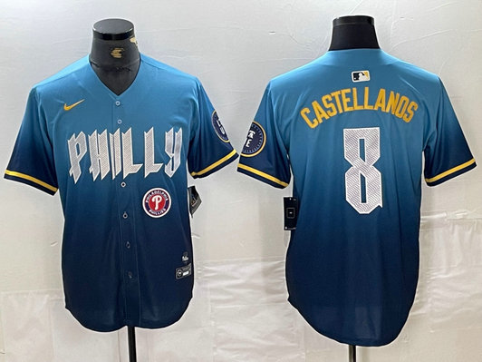 Men's Philadelphia Phillies #8 Nick Castellanos Blue 2024 City Connect Limited Stitched Jersey 5