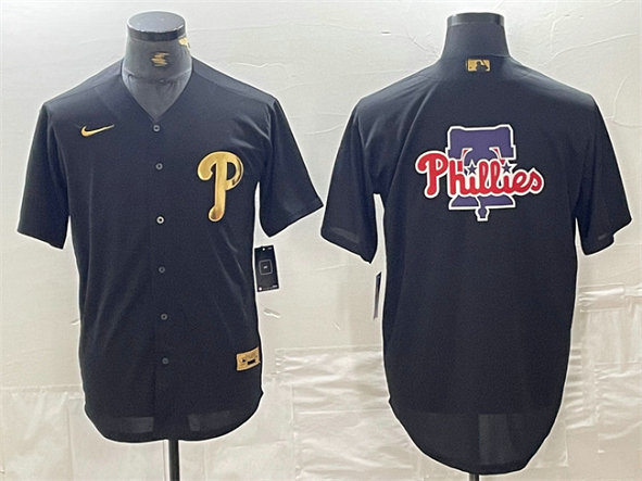Men's Philadelphia Phillies Black Team Big Logo Cool Base Stitched Baseball Jersey 路1