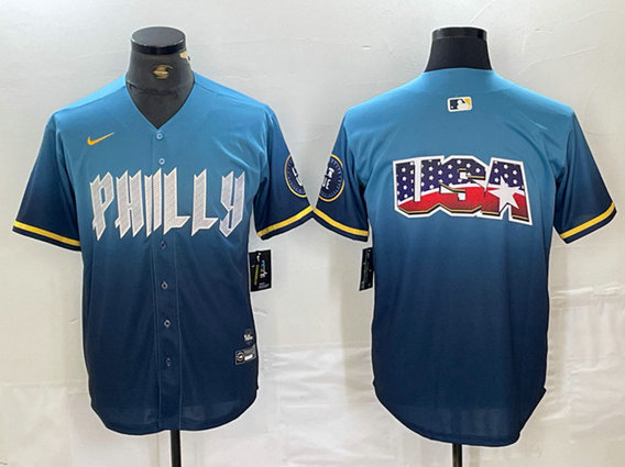 Men's Philadelphia Phillies Blue Team Big Logo 2024 City Connect Limited Stitched Baseball Jerseys