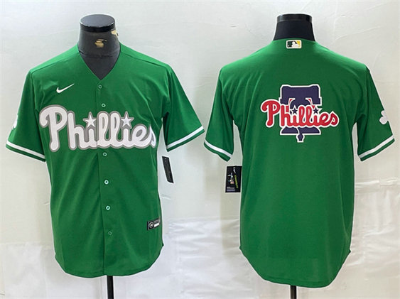 Men's Philadelphia Phillies Green Team Big Logo Cool Base Stitched Baseball Jerseys