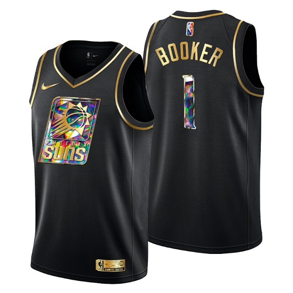 Men's Phoenix Suns #1 Devin Booker 2021 22 Black Golden Edition Diamond Logo Black 75th Anniversary Stitched Basketball Jersey