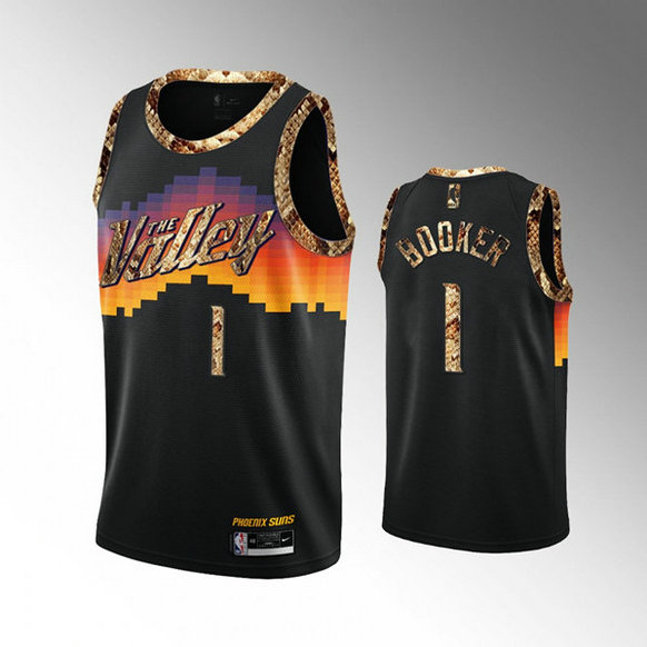 Men's Phoenix Suns #1 Devin Booker 2021 Balck Exclusive Edition Python Skin Stitched Basketball Jersey
