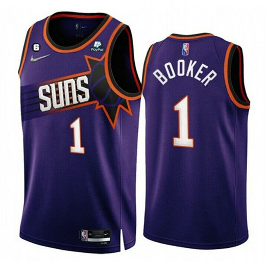 Men's Phoenix Suns #1 Devin Booker 2022 23 Purple 75th Anniversary Icon Edition With NO.6 Patch Stitched Jersey