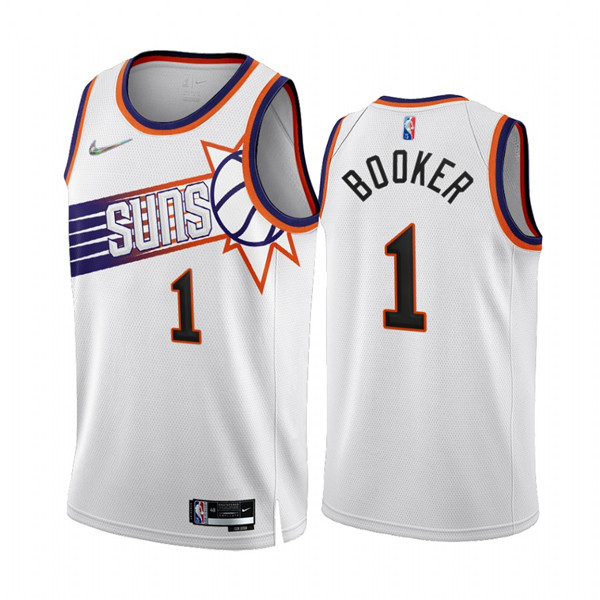 Men's Phoenix Suns #1 Devin Booker 2022 23 White 75th Anniversary Association Edition Stitched Jersey