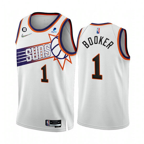 Men's Phoenix Suns #1 Devin Booker 2022 23 White 75th Anniversary NO.6 Patch Association Edition Stitched Jersey