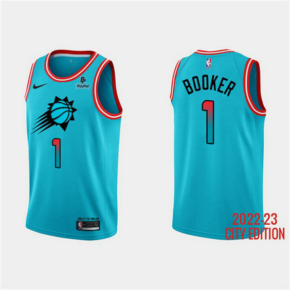 Men's Phoenix Suns #1 Devin Booker Blue 2022 23 City Edition With Black Payple Logo Stitched Basketball Jersey