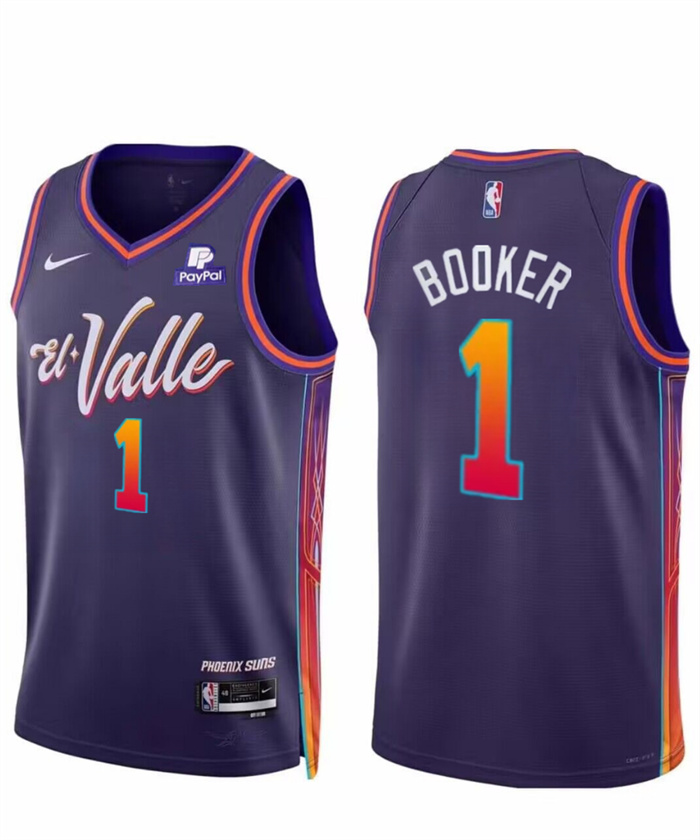 Men's Phoenix Suns #1 Devin Booker Purple 2023 24 City Edition Stitched Basketball Jersey