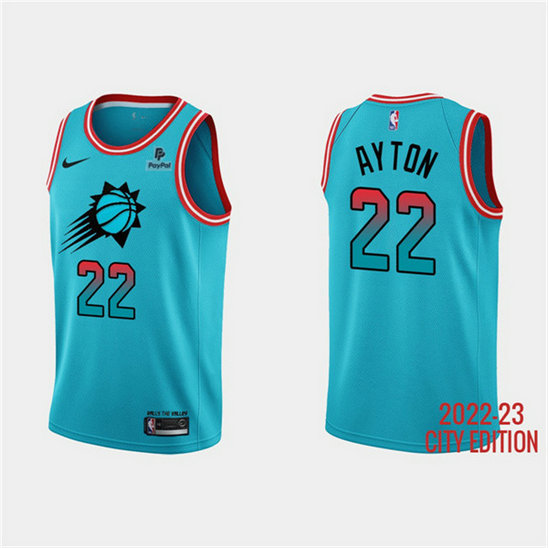 Men's Phoenix Suns #22 Deandre Ayton Blue 2022 23 City Edition With Black Payple Patch Stitched Basketball Jersey