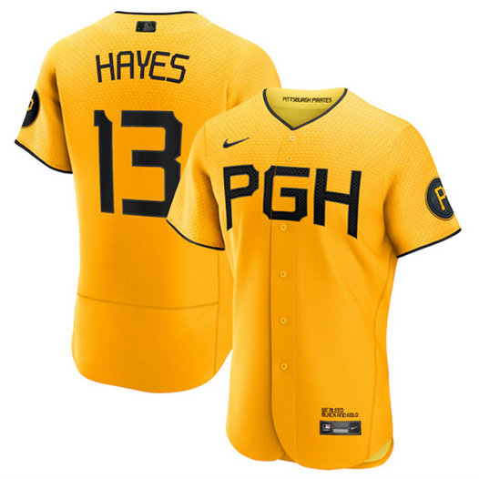 Men's Pittsburgh Pirates #13 Ke'Bryan Hayes Gold 2023 City Connect Flex Base Stitched Jersey
