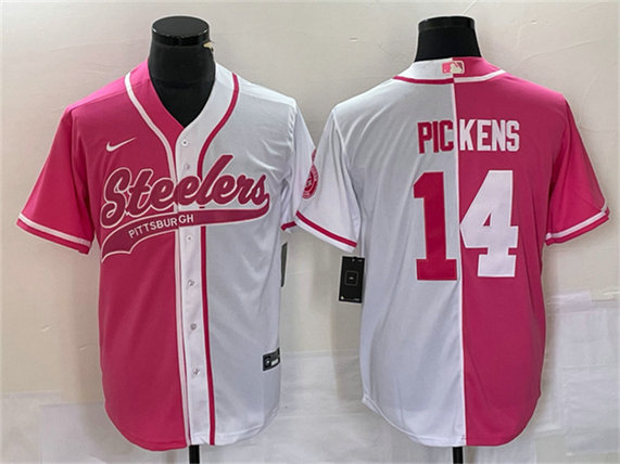 Men's Pittsburgh Steelers #14 George Pickens White Pink Split Cool Base Stitched Baseball Jersey