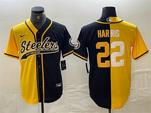 Men's Pittsburgh Steelers #22 Najee Harris Yellow Black Split With Patch Cool Base Stitched Baseball Jersey