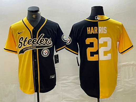 Men's Pittsburgh Steelers #22 Najee Harris Yellow Black Split With Patch Cool Base Stitched Baseball Jerseys