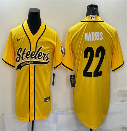 Men's Pittsburgh Steelers #22 Najee Harris Yellow With Patch Cool Base Stitched Baseball Jersey