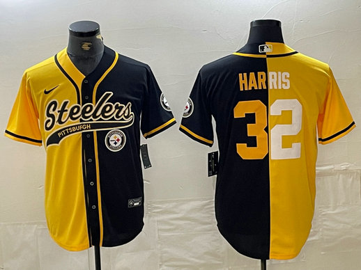 Men's Pittsburgh Steelers #32 Franco Harris Yellow Black Split With Patch Cool Base Stitched Baseball Jerseys