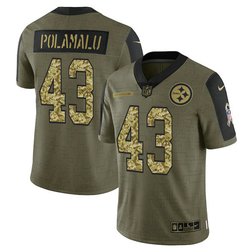 Men's Pittsburgh Steelers #43 Troy Polamalu 2021 Olive Camo Salute To Service Limited Stitched Jersey
